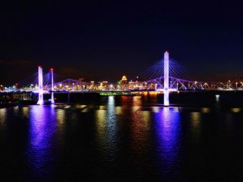 Illuminated bridge over calm river at night