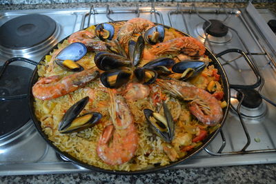 Close-up of seafood on stovetop