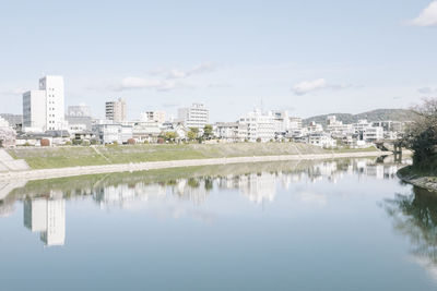 Reflection of buildings on calm lake