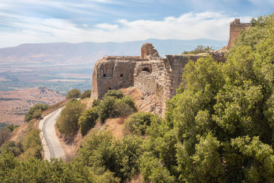 High angle view of old ruins against sky