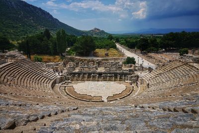 High angle view of chain on mountain against cloudy sky