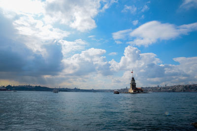 View of lighthouse in sea against cloudy sky