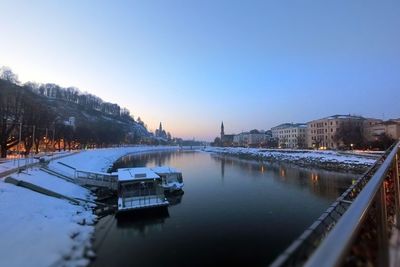 Scenic view of lake against clear sky during winter