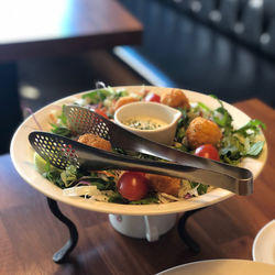 High angle view of food in plate on table