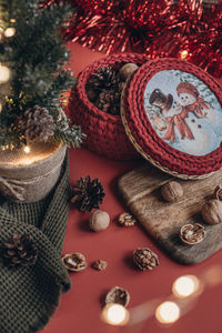 Christmas decor on a red background festive table decoration