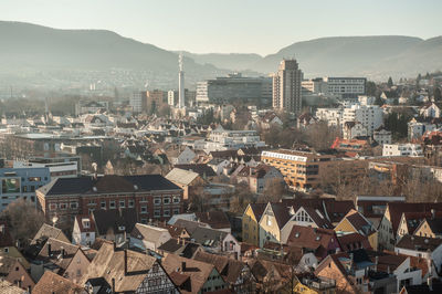 High angle shot of townscape against sky