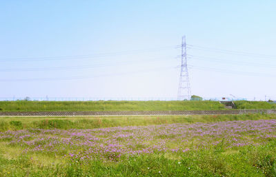 Electricity pylon on field against clear sky