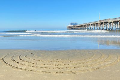 Scenic view of beach against clear blue sky