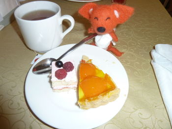 High angle view of breakfast served on table