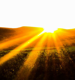 Sunlight streaming on landscape against clear sky during sunset