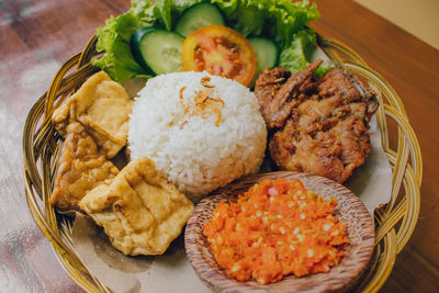 High angle view of food in plate on table