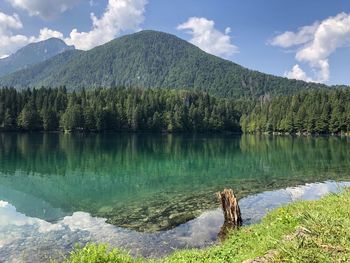 Scenic view of lake and mountains against sky