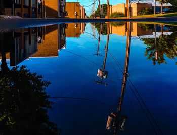 Reflection of trees and buildings in lake