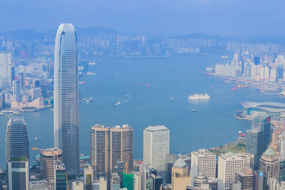 High angle view of modern buildings in city