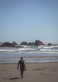 Man standing on beach against clear sky