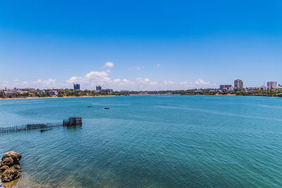 Scenic view of sea against blue sky