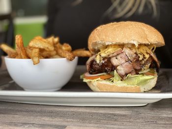 Close-up of burger on table