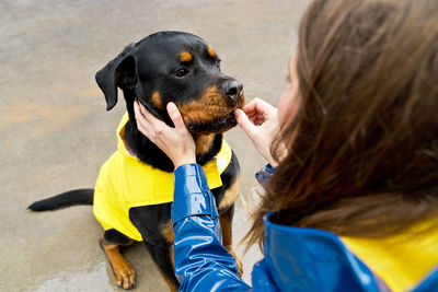 Woman wearing raincoat feeding dog on street