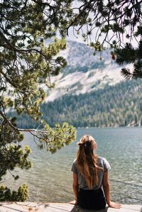 Rear view of woman looking at lake