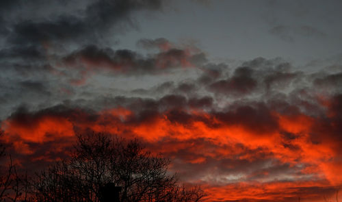 Low angle view of silhouette trees against dramatic sky