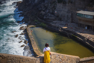 Rear view of woman standing at sea shore