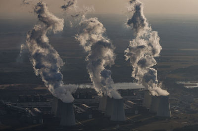 Aerial view of industrial smoke stacks