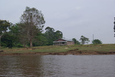 Scenic view of lake by building against sky