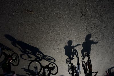 Silhouette people riding bicycle on city street