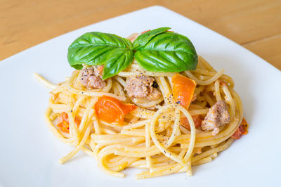 High angle view of pasta in plate