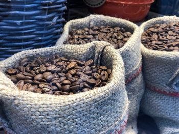 High angle view of shells in basket for sale