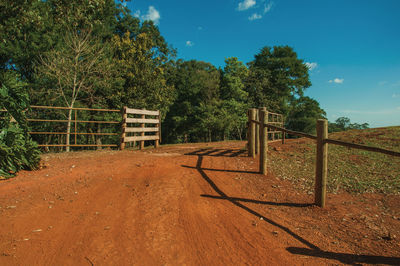 Wooden farm gate and cattle guard in the middle of barbed wire fence, near pardinho. brazil.