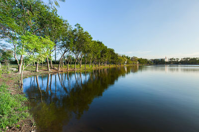 Scenic view of lake against clear blue sky