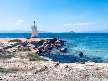 Lighthouse by sea against sky