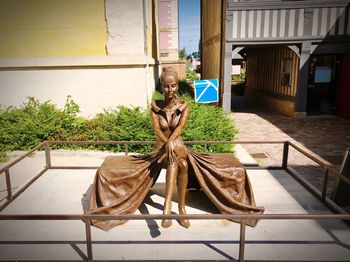 Statue by potted plants against building