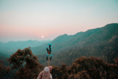Person holding umbrella against sky during sunset