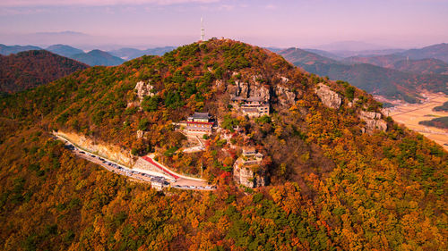 Aerial view of buildings on mountain 