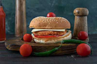 Close-up of burger on table