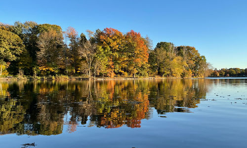 Reflection of trees in lake against sky during autumn