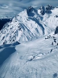 Scenic view of snow covered mountains against sky