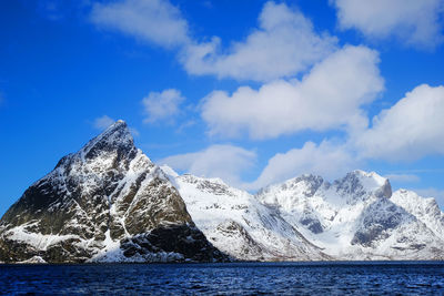 Scenic view of snowcapped mountain by lake against sky