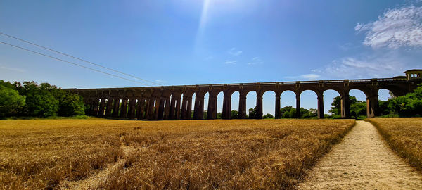 Bridge on field against sky