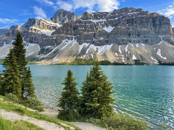 Scenic view of lake and mountains against sky