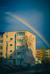 View of rainbow over buildings in city