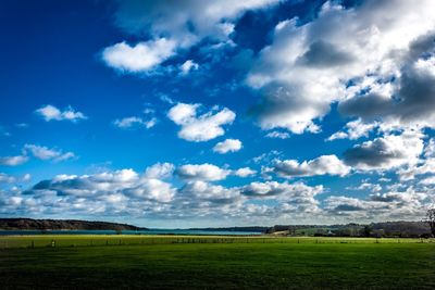 Scenic view of field against blue sky