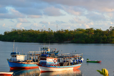 Boats moored in sea against sky
