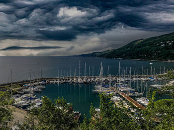 High angle view of sailboats by sea against sky