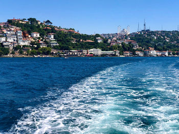 Scenic view of sea by townscape against clear blue sky