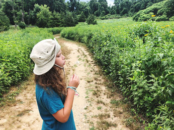 Little girl blowing a flower in a wildflower field