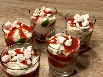 High angle view of dessert on table