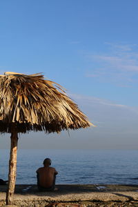 Rear view of a overlooking calm blue sea